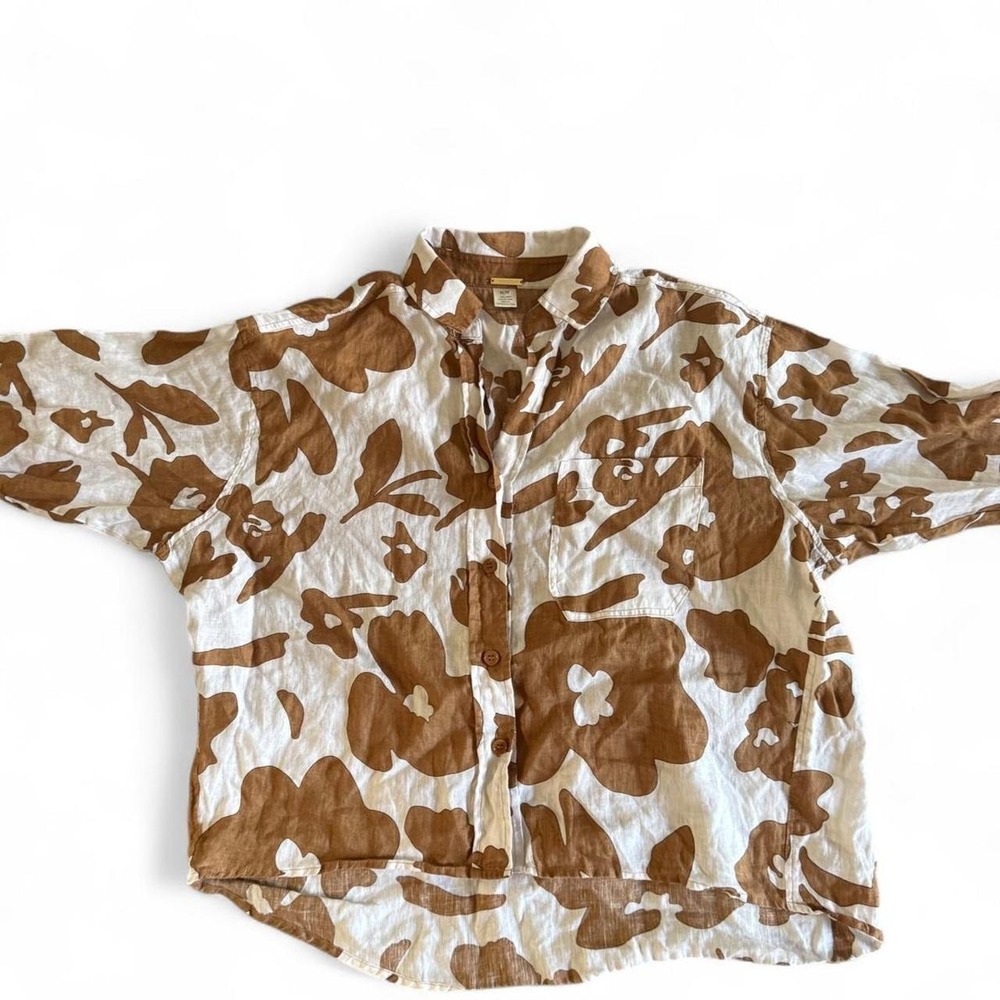 Magaschoni 100% Linen Brown White Floral Button Up Shirt Asymmetric Hem Medium